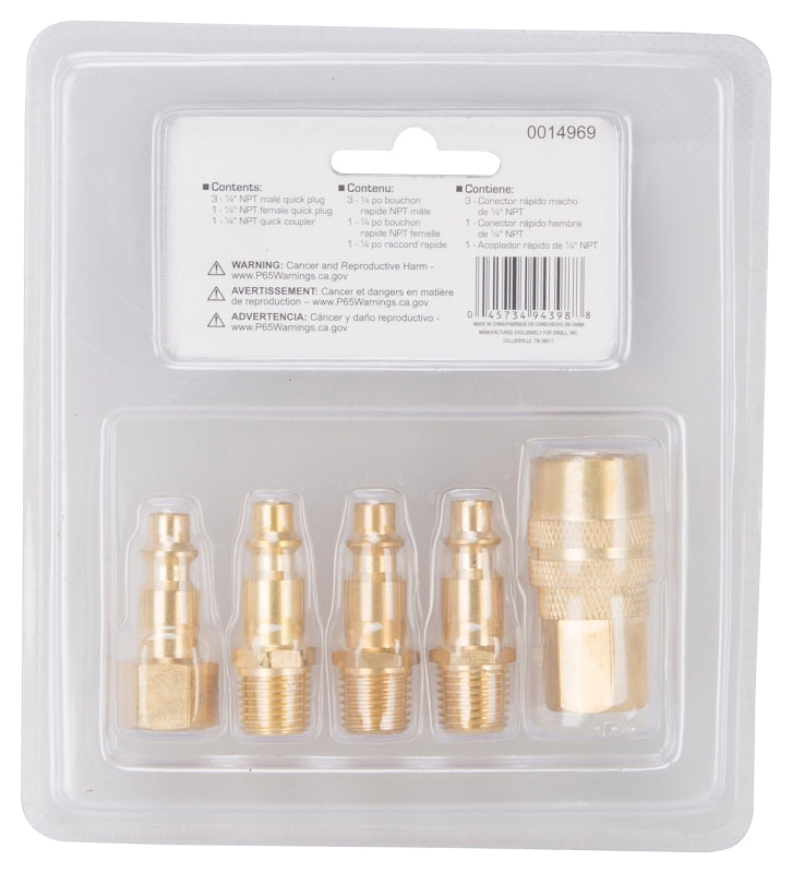 ProSource DZA019 5-Piece Hose Coupler Set, 1/4 in, MNPT, Brass, Brass