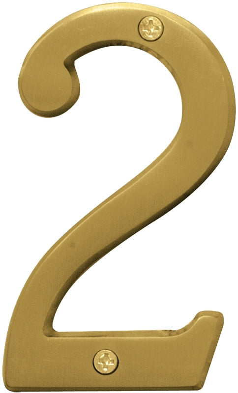 Hy-Ko Prestige Series BR-43BB/2 House Number, 2.938 in W x 6.875 in H Dimensions, Character: 2, 4 in H Character, Brass, Pack of 3