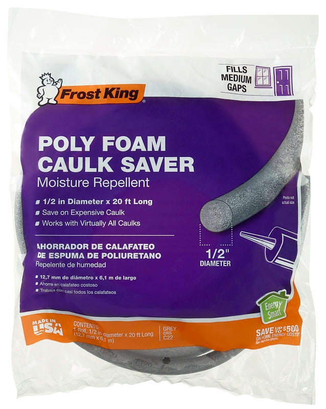 Frost King C22H Caulk Saver, 1/2 in Dia, 20 ft L, Polyfoam, Gray