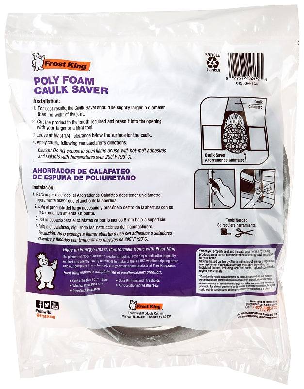 Frost King C22H Caulk Saver, 1/2 in Dia, 20 ft L, Polyfoam, Gray