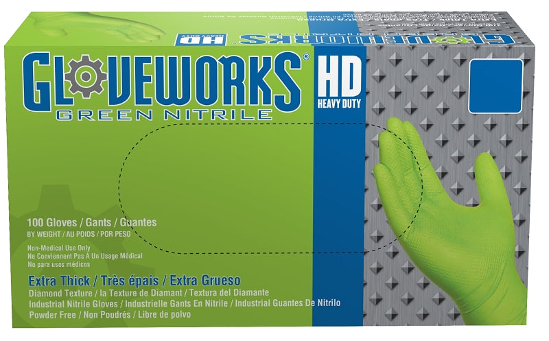Gloveworks GWGN44100 Heavy-Duty Disposable Gloves, M, Nitrile, Powder-Free, Green, 9-1/2 in L