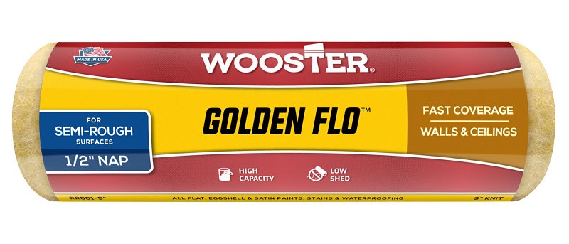 Wooster Golden Flo RR661-9 Roller Cover, 1/2 in Thick Nap, 9 in L, Fabric Cover, Yellow