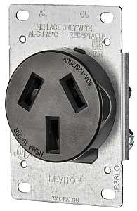 Leviton R20-05206-S10 Electrical Receptacle, Flush Mounting, 3-Pole, 125/250 V, 50 A, NEMA: NEMA 10-50R, Black