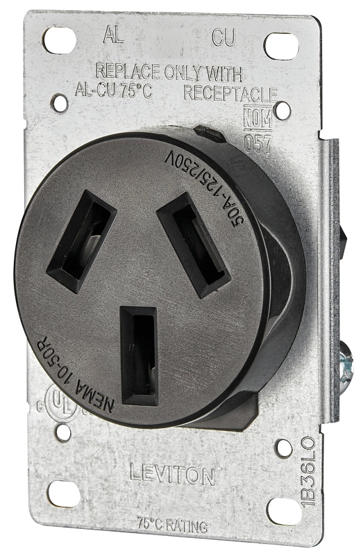 Leviton R20-05206-S10 Electrical Receptacle, Flush Mounting, 3-Pole, 125/250 V, 50 A, NEMA: NEMA 10-50R, Black
