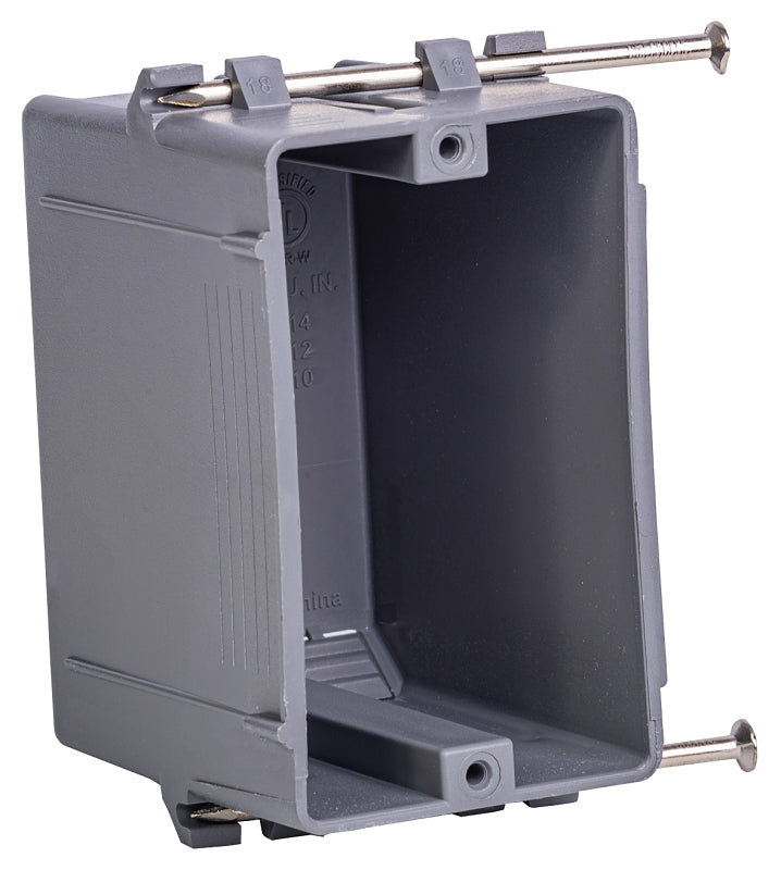 Gardner Bender BOX-NS18 Switch/Outlet Box, 18 cu-in, Standard Outlet, 1-Gang, 4-Knockout, PVC, Gray, In-Wall, Nail