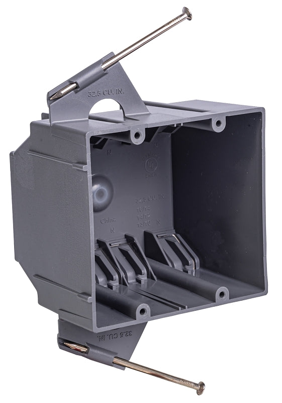 Gardner Bender BOX-ND32 Switch/Outlet Box, Standard Outlet, 2-Gang, 8-Knockout, PVC, Gray, In-Wall, Nail