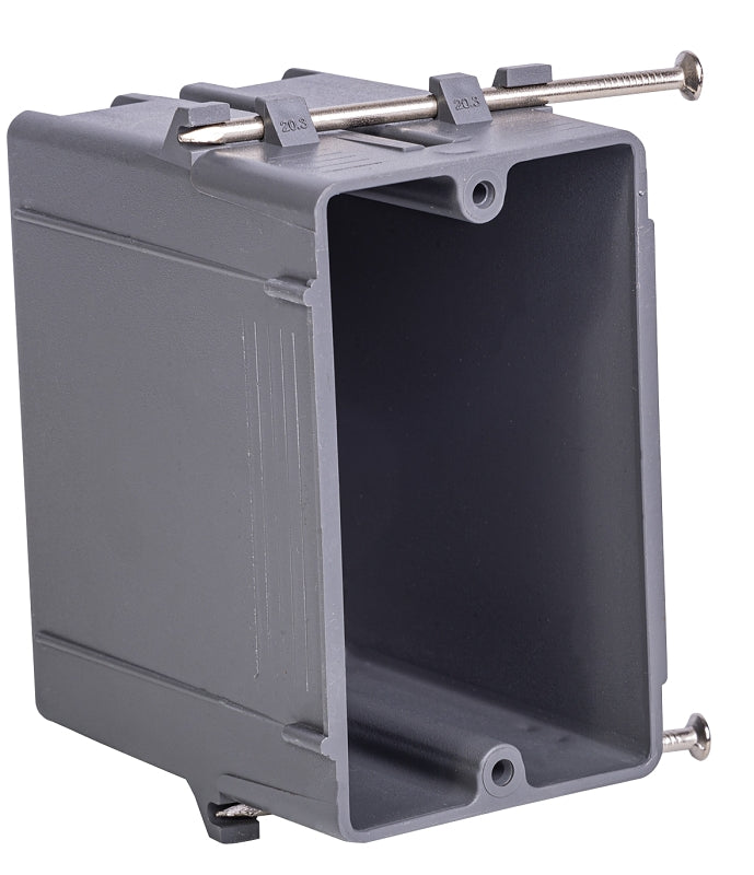 Gardner Bender BOX-NS20 Switch/Outlet Box, 20 cu-in, Standard Outlet, 1-Gang, 4-Knockout, PVC, Gray, In-Wall, Nail