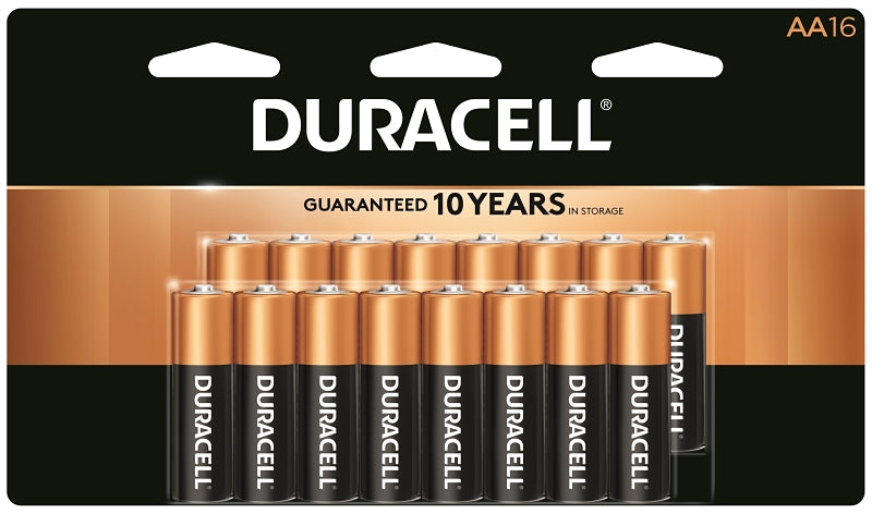 Duracell COPPERTOP MN1500 Series MN1500B16 Battery, 1.5 V Battery, AA Battery, Alkaline, Manganese Dioxide, 16/PK