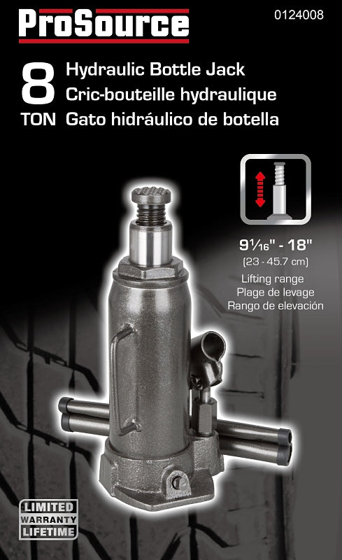 ProSource T010708 Hydraulic Bottle Jack, 8 ton, 9-1/16 to 18 in Lift, Steel, Gray