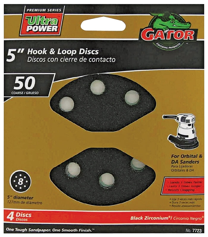 Gator 7723 Sanding Disc, 5 in Dia, 50 Grit, Coarse, Vented, Zirconium Oxide Abrasive