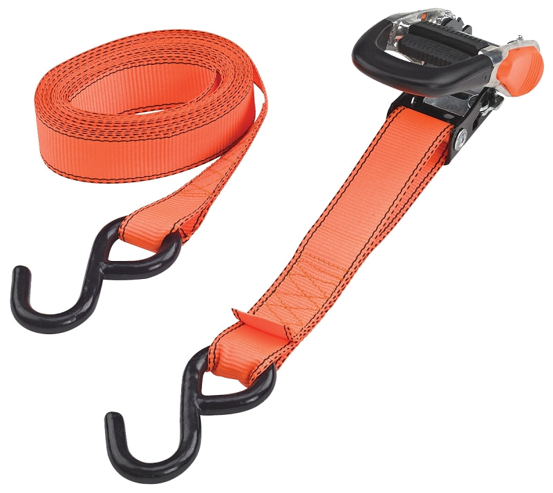 ProSource FH4013 Tie-Down, 1-1/4 in W, 16 ft L, Metal/Polyester, Orange, 700 lb, S-Hook End Fitting, Steel End Fitting