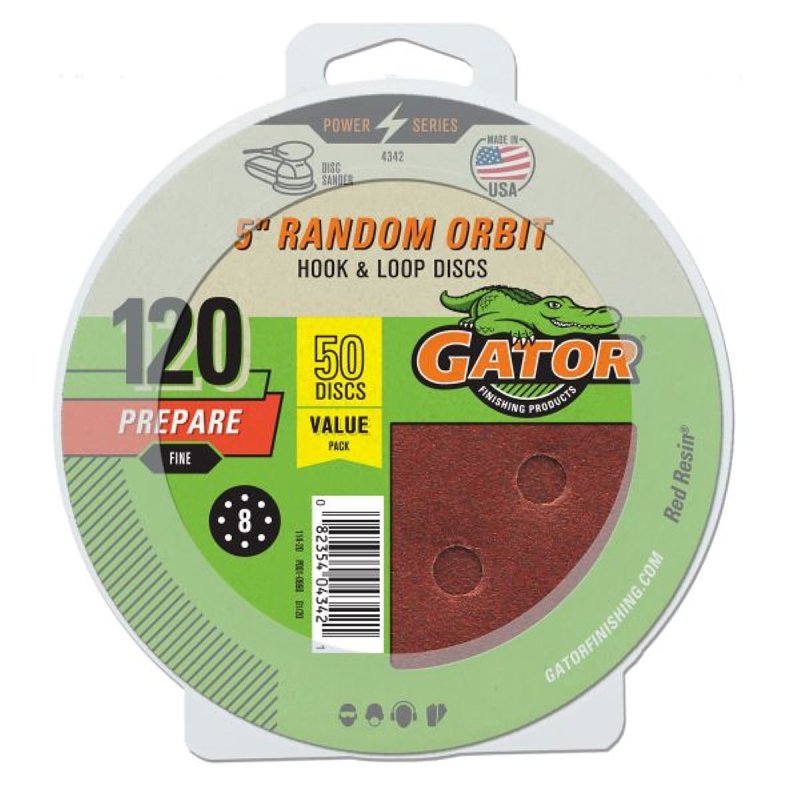 Gator 4342 Sanding Disc, 5 in Dia, 120 Grit, Fine, Vented, Aluminum Oxide Abrasive