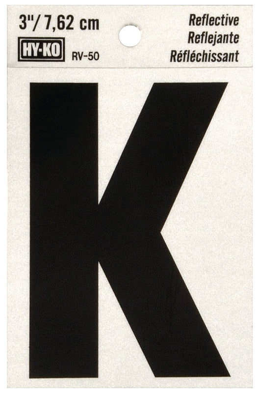 Hy-Ko RV-50/K Reflective Letter, Character: K, 3 in H Character, Black Character, Silver Background, Vinyl, Pack of 10