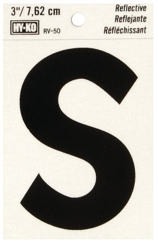Hy-Ko RV-50/S Reflective Letter, 2-1/2 in W x 4 in H Dimensions, Character: S, 3 in H Character, Black Character, Vinyl, Pack of 10