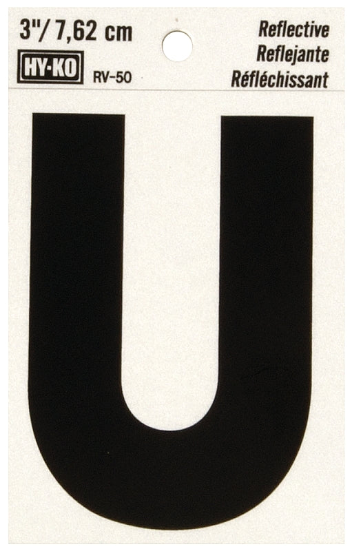 Hy-Ko RV-50 Series RV-50/U Self-Adhesive Reflective Letter, Character: U, 3 in H Character, Black Character, Vinyl, Pack of 10