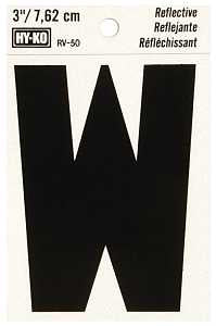 Hy-Ko RV-50/W Reflective Letter, 2-1/2 in W x 4 in H Dimensions, Character: W, 3 in H Character, Black Character, Vinyl, Pack of 10