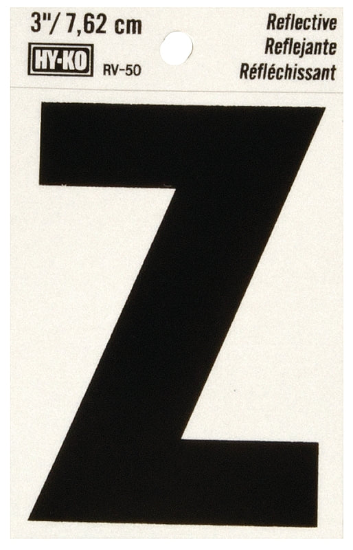 Hy-Ko RV-50/Z Reflective Letter, 2-1/2 in W x 4 in H Dimensions, Character: Z, 3 in H Character, Black Character, Vinyl, Pack of 10