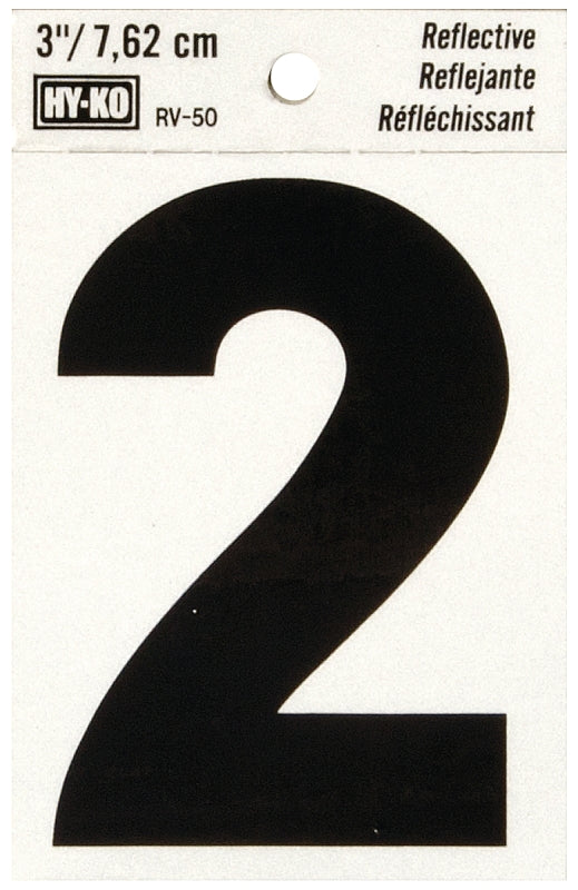 Hy-Ko RV-50 Series RV-50/2 Self-Adhesive Reflective Number, Character: 2, 3 in H Character, Black Character, Vinyl, Pack of 10