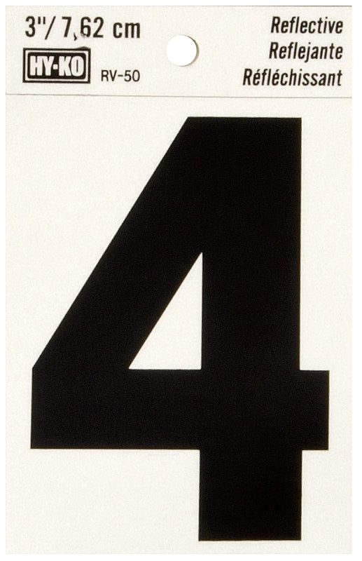 Hy-Ko RV-50 Series RV-50/4 Self-Adhesive Reflective Number, Character: 4, 3 in H Character, Black Character, Vinyl, Pack of 10