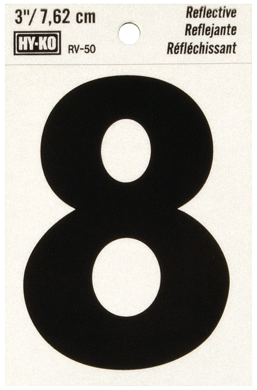 Hy-Ko RV-50 Series RV-50/8 Self-Adhesive Reflective Number, Character: 8, 3 in H Character, Black Character, Vinyl, Pack of 10