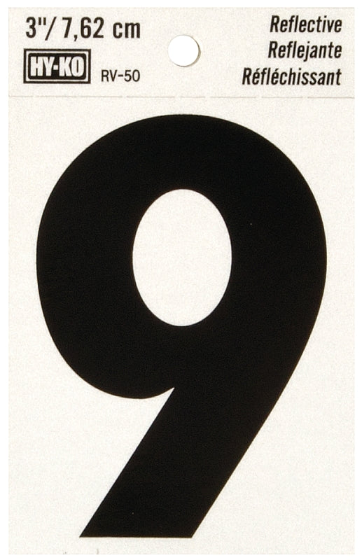 Hy-Ko RV-50 Series RV-50/9 Self-Adhesive Reflective Number, Character: 9, 3 in H Character, Black Character, Vinyl, Pack of 10