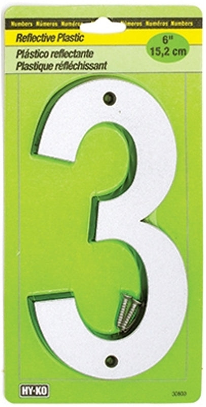 Hy-Ko 30800 Series 30803 Reflective Sign, Character: 3, 6 in H Character, Black/Silver Character, Plastic, Pack of 5