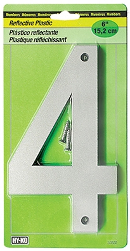 Hy-Ko 30800 Series 30804 Reflective Sign, Character: 4, 6 in H Character, Black/Silver Character, Plastic, Pack of 5