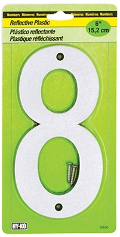 Hy-Ko 30800 Series 30808 Reflective House Number, Character: 8, 6 in H Character, Black/Silver Character, Plastic, Pack of 5