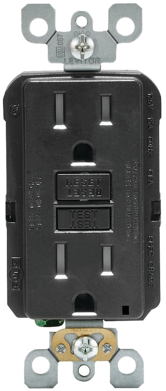 Leviton R95-GFTR1-0KE GFCI Duplex Receptacle, Polycarbonate, Black, 2-Pole, 15 A, 125 V, Back, Side Wiring