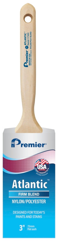 Premier Atlantic 17343 Paint Brush, 3 in W, Flat Sash Brush, 3-3/16 in L Bristle, Nylon/Polyester Bristle