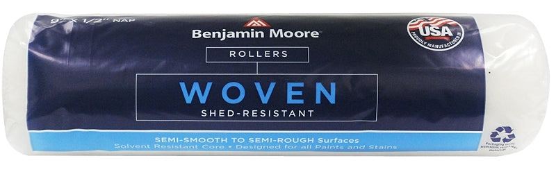 Benjamin Moore U65697-018 Roller Cover, 1/2 in Thick Nap, 9 in L, Woven Cover, White