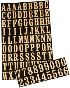 Hy-Ko MM-2 Self-Adhesive Packaged Number and Letter Set, 7/8 in H Character, Gold Character, Black Background, Mylar, Pack of 10