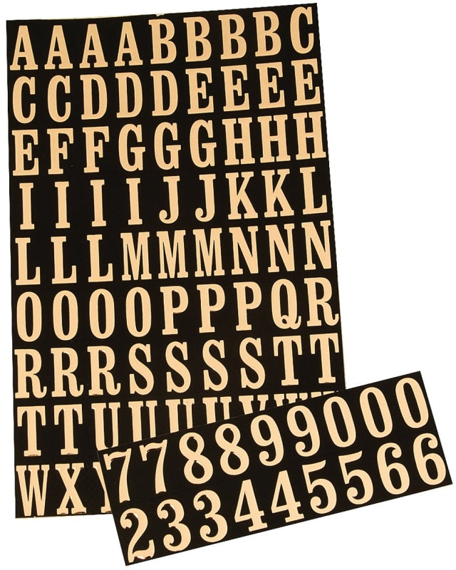 Hy-Ko MM-2 Self-Adhesive Packaged Number and Letter Set, 7/8 in H Character, Gold Character, Black Background, Mylar, Pack of 10