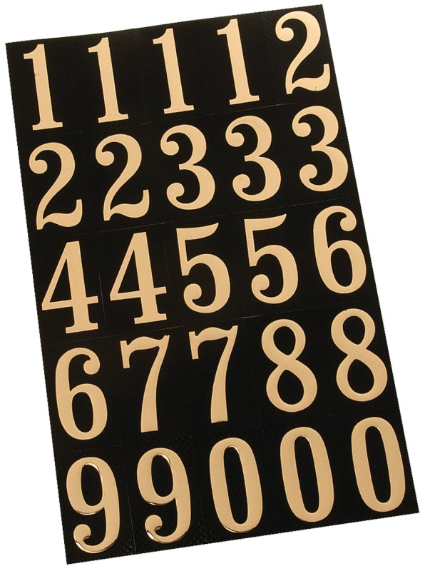 Hy-Ko MM-3N Self-Adhesive Packaged Number Set, 1-3/4 in H Character, Gold Character, Black Background, Mylar, Pack of 10