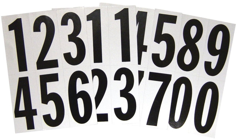 Hy-Ko MM-23N Packaged Number Set, 5-1/4 in W x 9 in H Dimensions, 3 in H Character, Black Character, White Background, Pack of 10