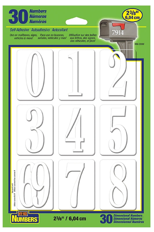 Hy-Ko MM200W Number, Character: 0 to 9, 2-3/8 in H Character, White Character