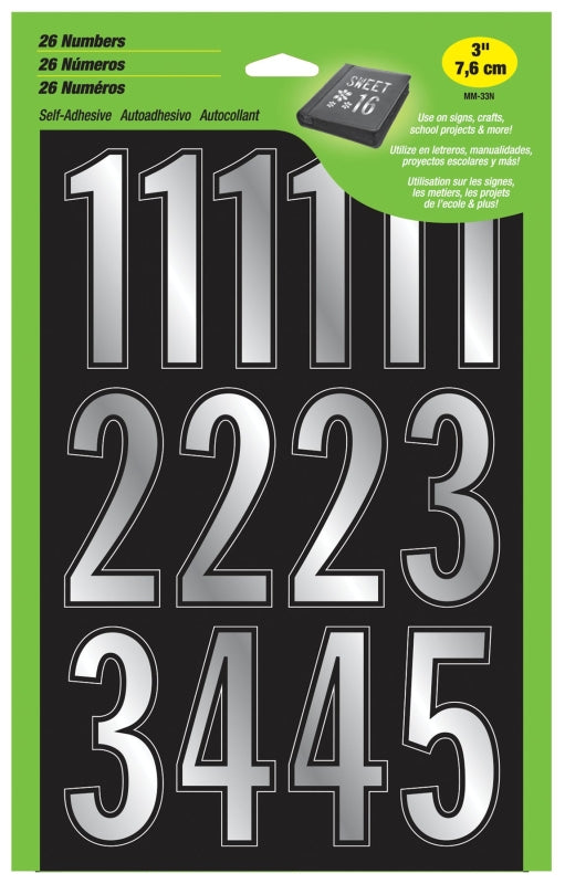 Hy-Ko MM-33N Prism Self-Adhesive Number Set, 3 in H Character, Silver Character, Vinyl, Pack of 5
