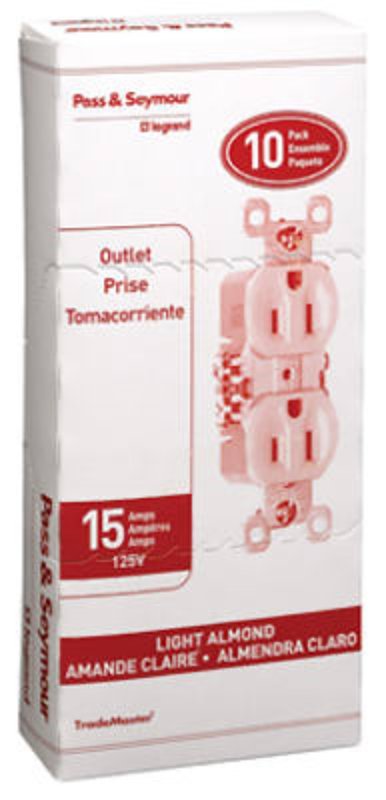 Legrand TradeMaster Series 3232LACP8 Duplex Receptacle, Thermoplastic, Light Almond, 2-Pole, 15 A, 3-Wire