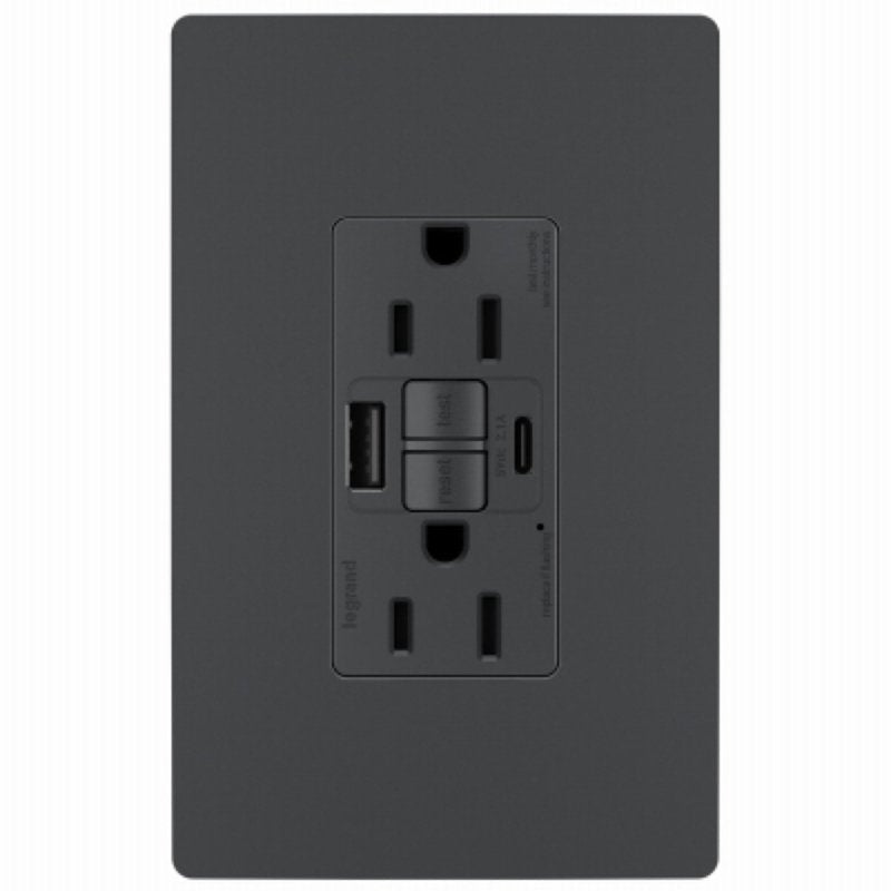 Legrand radiant 1597TRUSBACGC4 Self-Test GFCI USB Outlet, 2-Pole, 15/2.1 A, 125 VAC, 1-Gang, 2-USB Port, Graphite