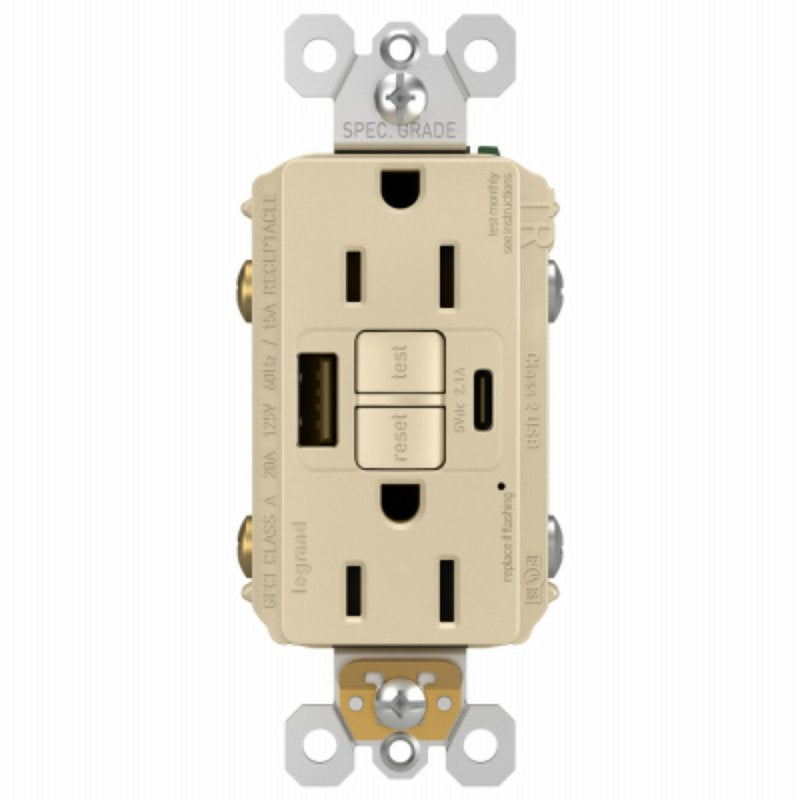 Legrand radiant 1597TRUSBACI Self-Test GFCI USB Outlet, 2-Pole, 15/2.1 A, 125 VAC, 1-Gang, 2-USB Port, Type A/A USB