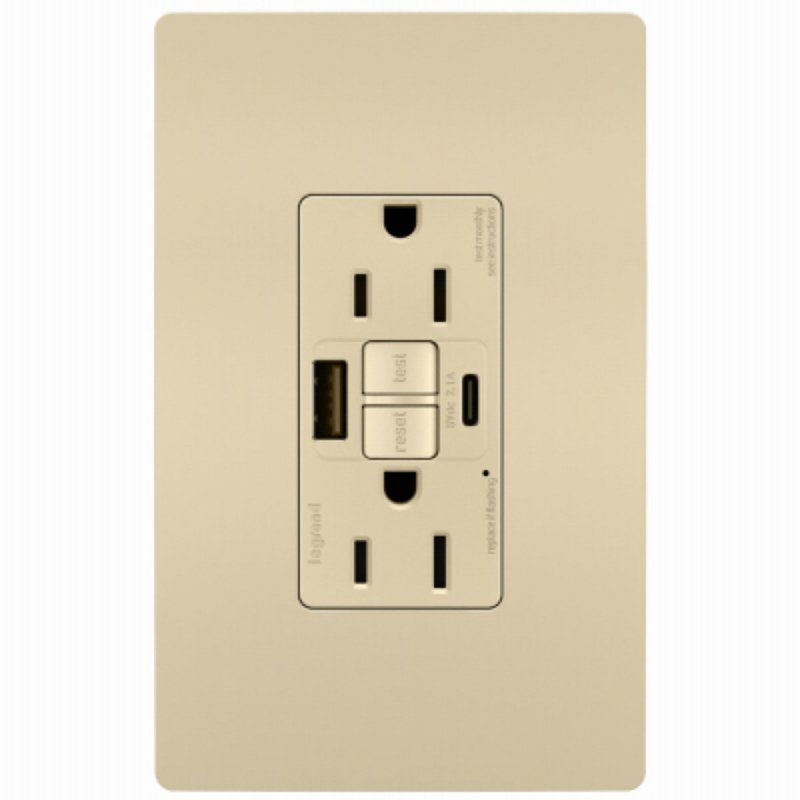 Legrand radiant 1597TRUSBACI Self-Test GFCI USB Outlet, 2-Pole, 15/2.1 A, 125 VAC, 1-Gang, 2-USB Port, Type A/A USB