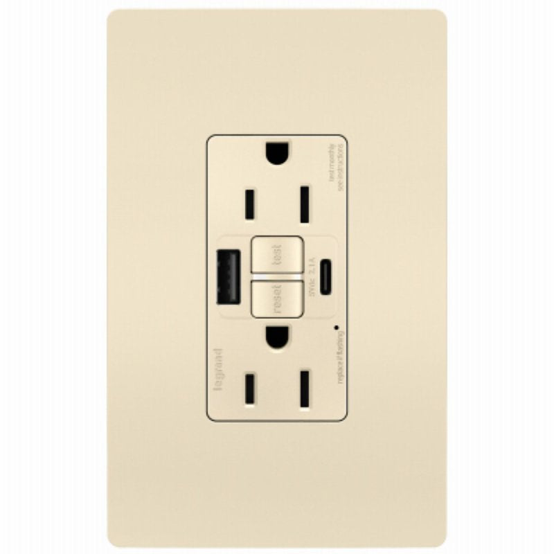 Legrand radiant Series 1597TRUSBACLAC4 GFCI Outlet, 125 V, 15 A, Light Almond