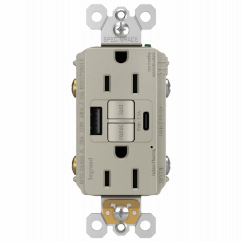 Legrand radiant 1597TRUSBACNIC4 GFCI Receptacle, 15 A, 125 V, 1-Gang, 2-USB Port, USB-A, USB-C USB, Nickel
