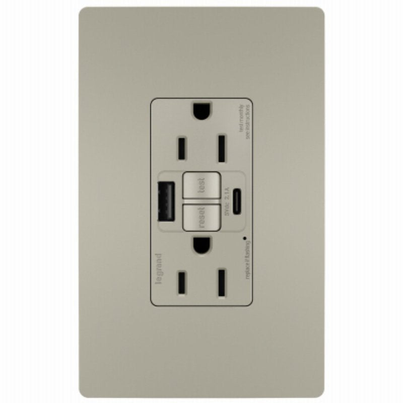 Legrand radiant 1597TRUSBACNIC4 GFCI Receptacle, 15 A, 125 V, 1-Gang, 2-USB Port, USB-A, USB-C USB, Nickel