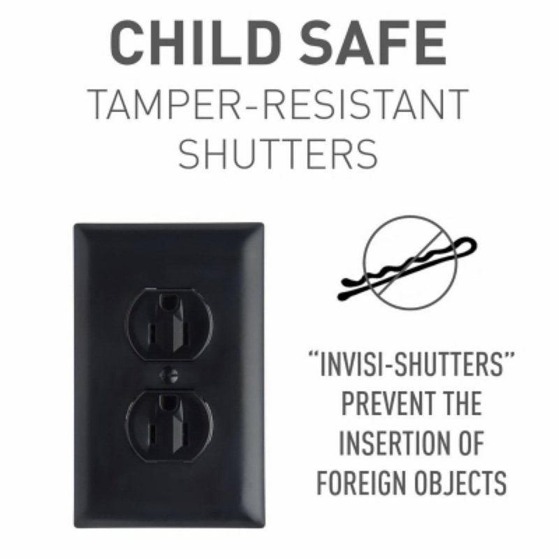Legrand TradeMaster 3232TRBK Duplex Receptacle, 2 -Pole, 15 A, 125 V, Push, Side Wiring, NEMA: 5-15R, Black