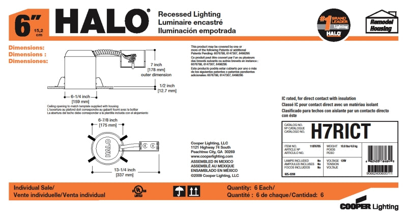 Halo H7RICT Recessed Housing, 13.25 in L x 6.88 in W x 7.5 in H Dimensions, Remodel Construction, 6 in Dia Recessed Can