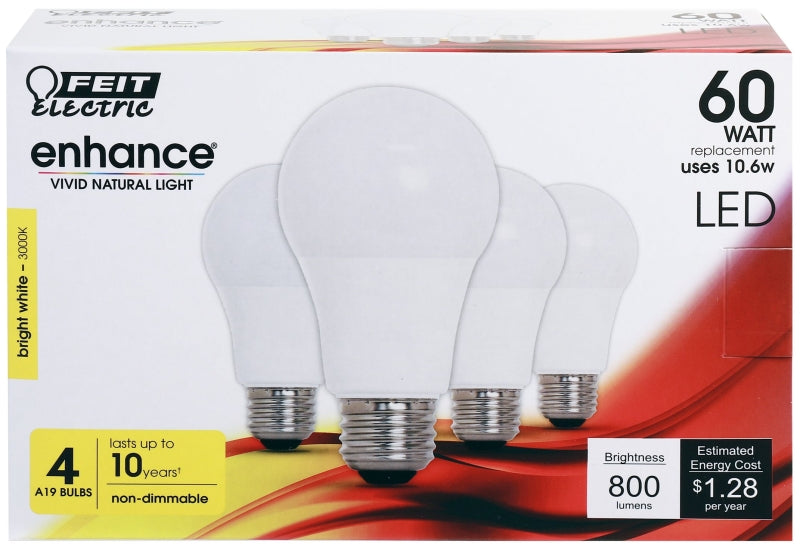Feit Electric OM60/930CA10K/4 LED Bulb, General-Purpose, A19 Lamp, 60 W Equivalent, E26 Lamp Base, Bright White Light