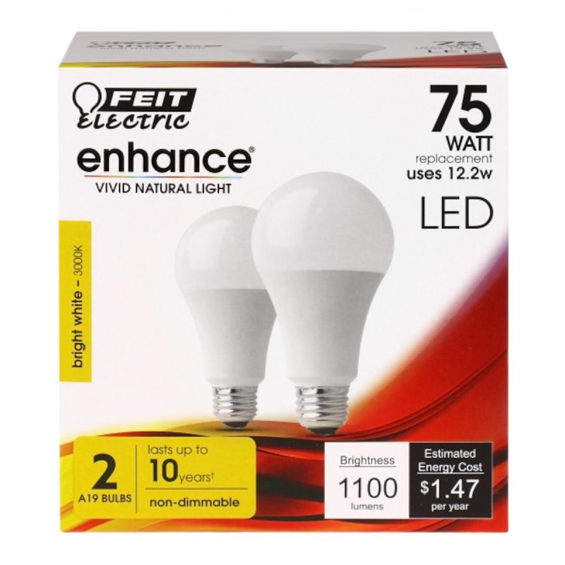 Feit Electric OM75/930CA10K/2 LED Bulb, General-Purpose, A19 Lamp, 75 W Equivalent, E26 Lamp Base, Bright White Light