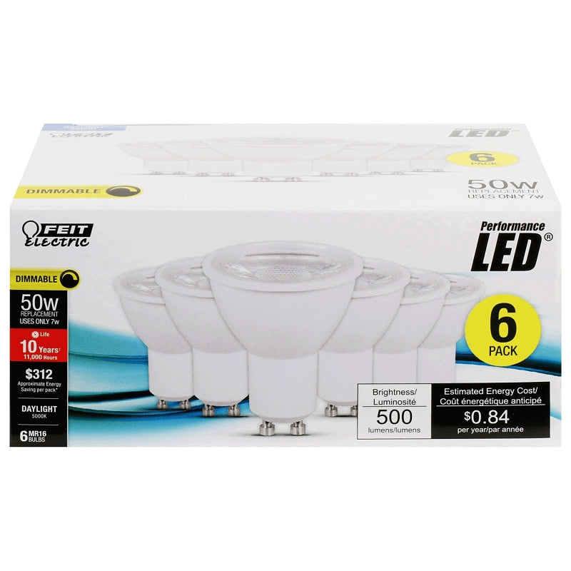 Feit Electric MR16GU105005K10KLED6 LED Bulb, Track/Recessed, 500 Lumens, 7 W, MR16 Lamp, 50 W Equivalent, GU10 Lamp Base