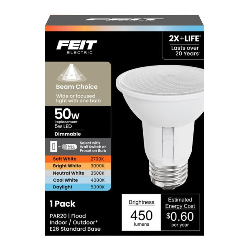 Feit Electric PAR20/ADJ/6WYCA LED Light Bulb, PAR20 Lamp, 50 W Equivalent, E26 Lamp Base, Dimmable, Adjustable White